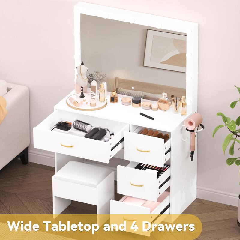 35.4" Mirror Makeup Vanity Table with Stool and Light Bulb - 35.4''L x 15.7''W x 53.5''H