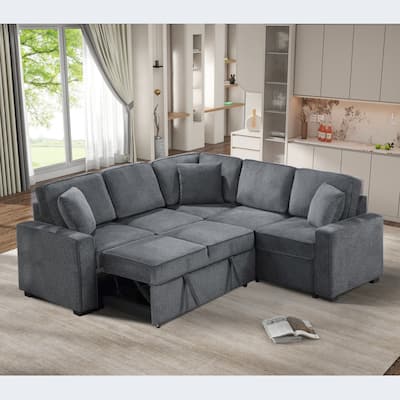 L-Shaped Chenille Sectional Sofa with Pullout Sleeper and 3 Pillows