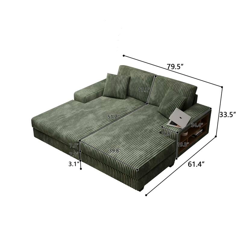 Convertible Combination Corduroy Sofa, Green, Wood Frame, 80x61x33 Inches