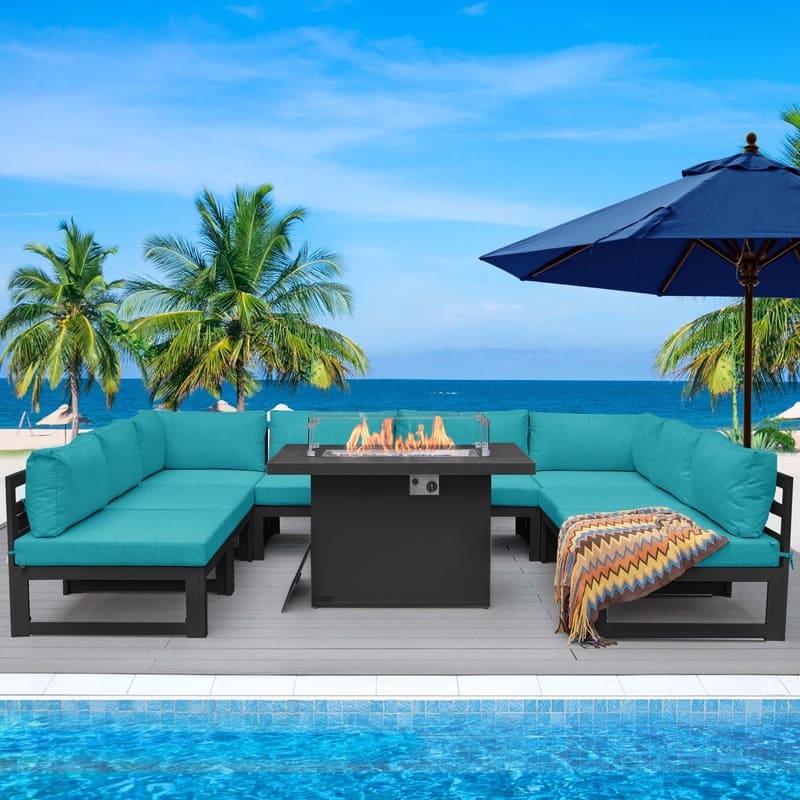FINCATI Aluminum Outdoor Patio Furniture Conversation Sectional Sofa Set - 9 Pieces - Teal