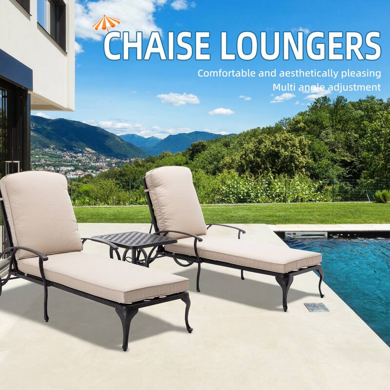 3-Piece Aluminum Reclining Outdoor Chaise Lounge with Cushions and Table - Beige