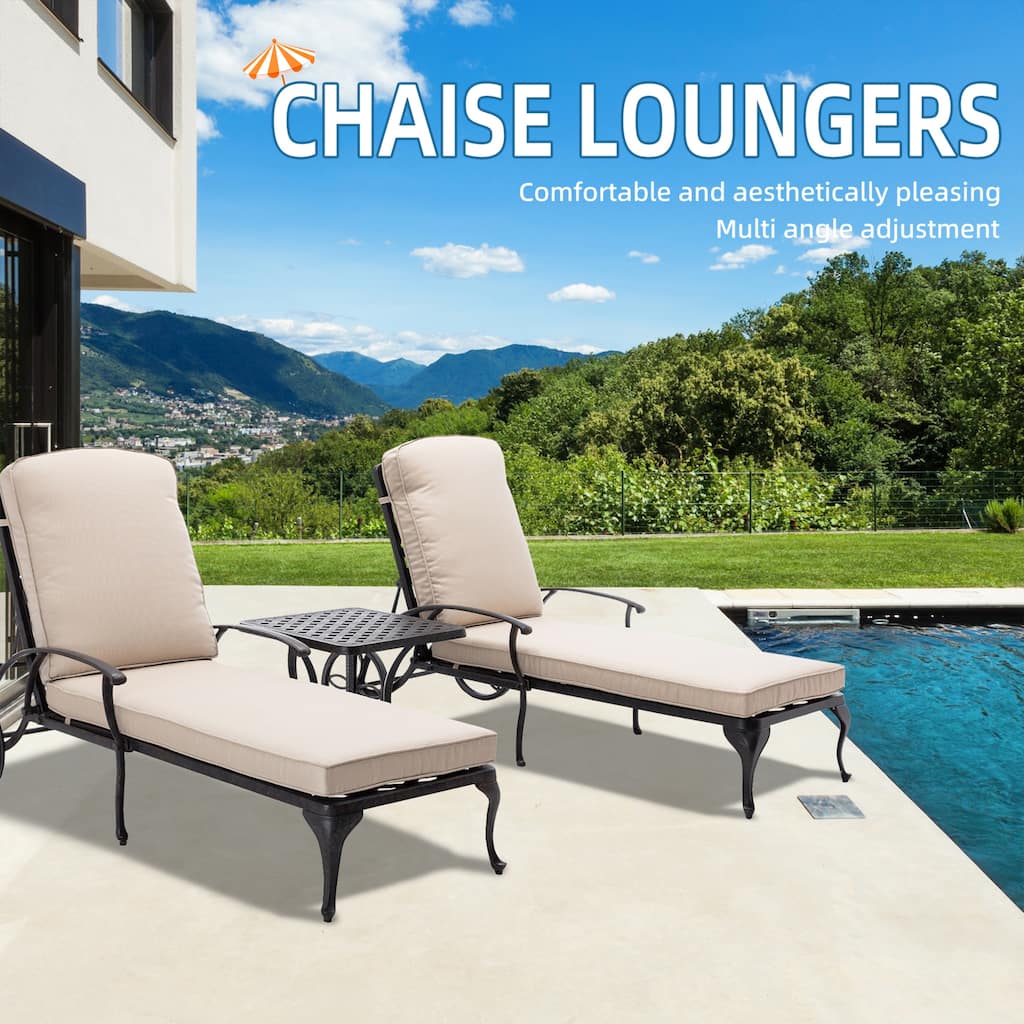 3-Piece Aluminum Reclining Outdoor Chaise Lounge with Cushions and Table