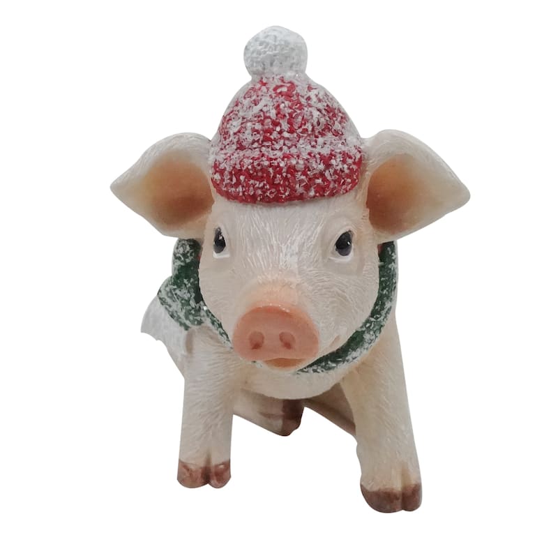 Pig Statue with Green Scarf and Snow Cap