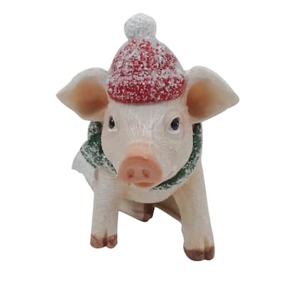 Pig Statue with Green Scarf and Snow Cap