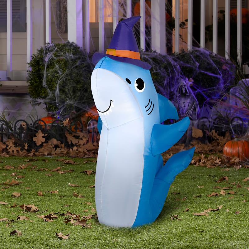 Gemmy Airblown Shark w/Witch Hat, 3.5 ft Tall, Multicolored