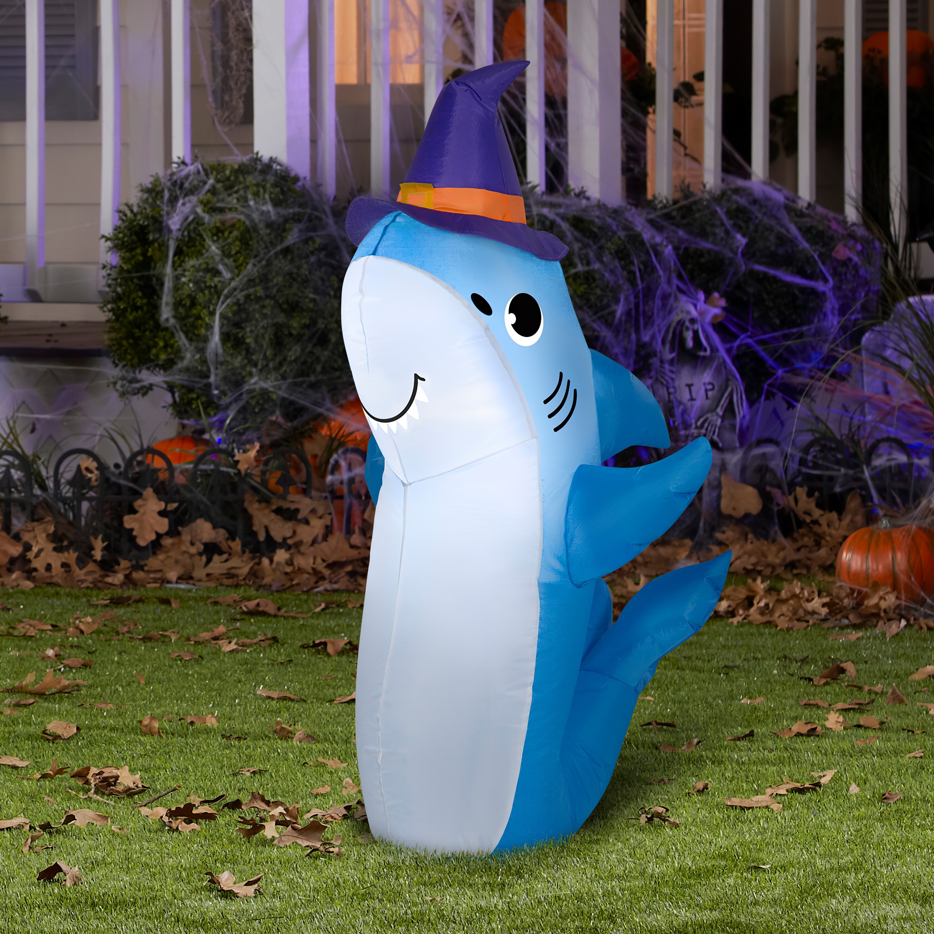 Gemmy Airblown Shark w/Witch Hat, 3.5 ft Tall, Multicolored