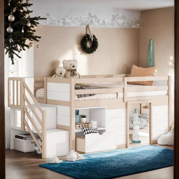 slide 2 of 7, Twin Size Kid Low Loft Bed With Shelves, Ladder and Drawers, Cream+White Cream