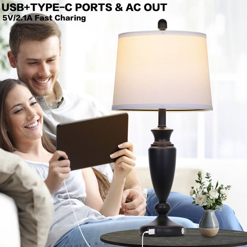 27'' Modern Table Lamp with USB & Type-C Charging, Dimmable LED, 3-Way Touch(Set of 2) - 12.5'' x 12.5'' x 27''