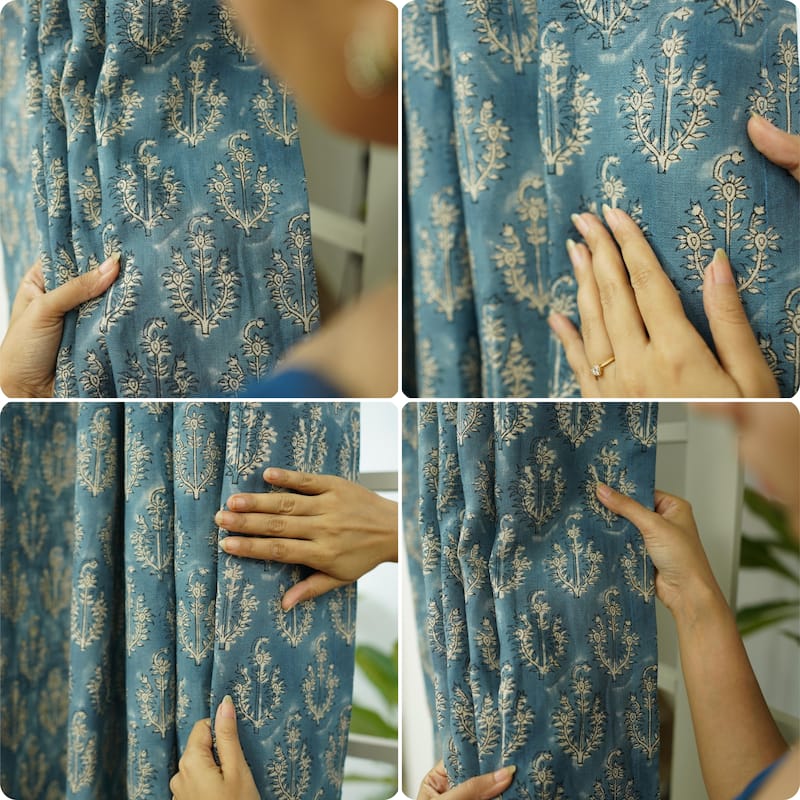 Fabdivine Handmade Soft Pure Linen Fabric Eyelet Curtain Block Print Floral Drape