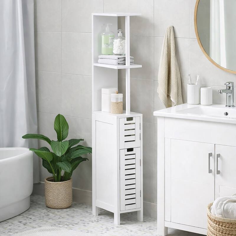 Miami White Slim Bathroom Storage Cabinet Open Shelves Two Doors - 51.4"H x 7.2"L 12"W