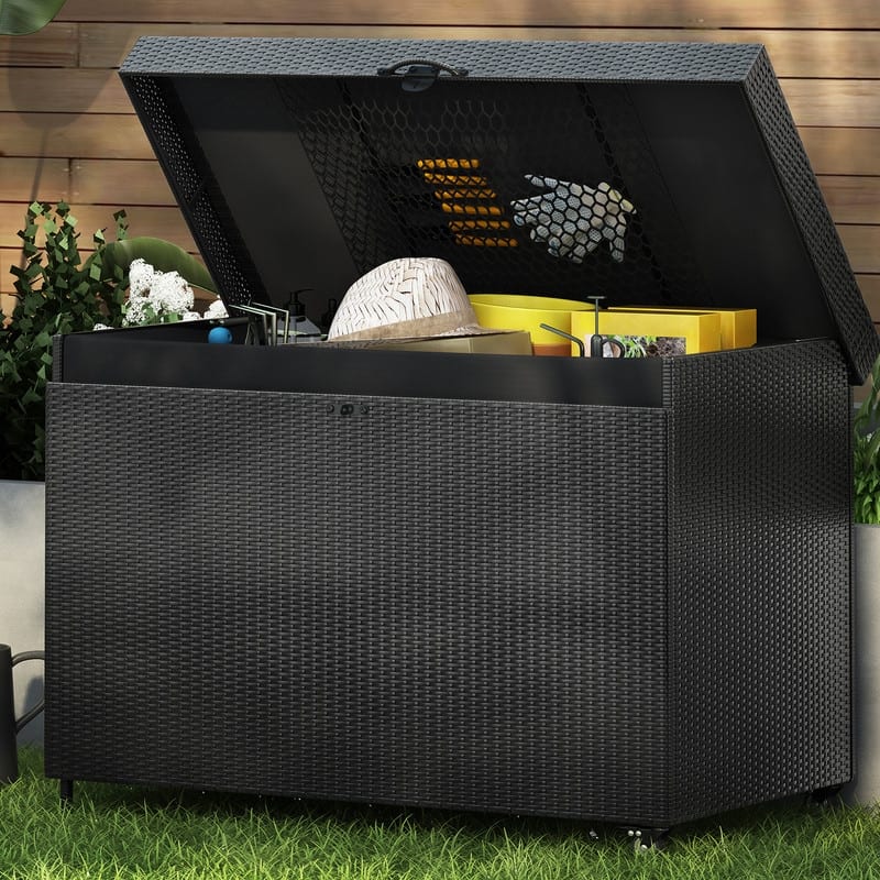 230-Gallon All-Weather Wicker Deck Storage Box With Wheels, Rattan Patio Organizer For Outdoor Furniture, Garden Tools.