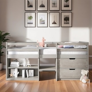 Twin size Low Loft Bed Kids Bed with Two Shelves and Two Drawers Solid ...