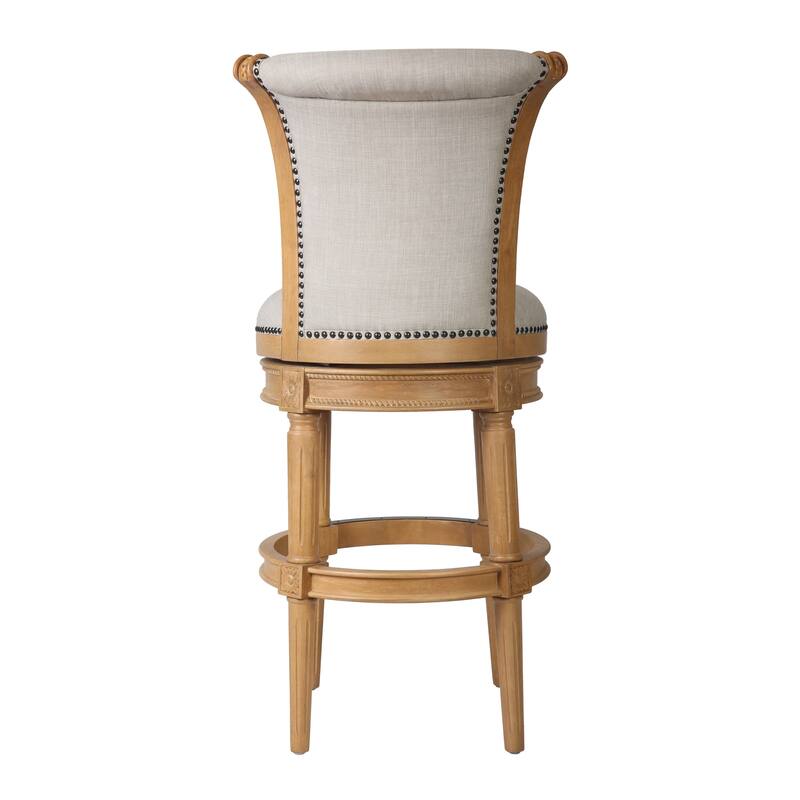 HomeRoots 30" Beige and Natural Fabric and Solid Wood Bar Height Swivel Bar Chair