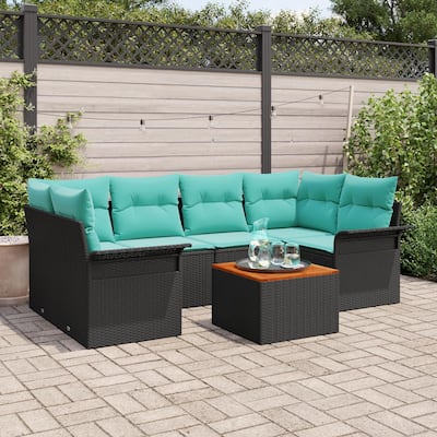 vidaXL 7 Garden Sofa Set with Cushions Black Poly Rattan - 92.1 x 52.2 x 27.2