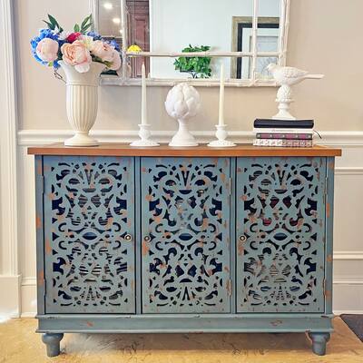 Retro Antique Hollow-Carved 3-door Storage Cabinet