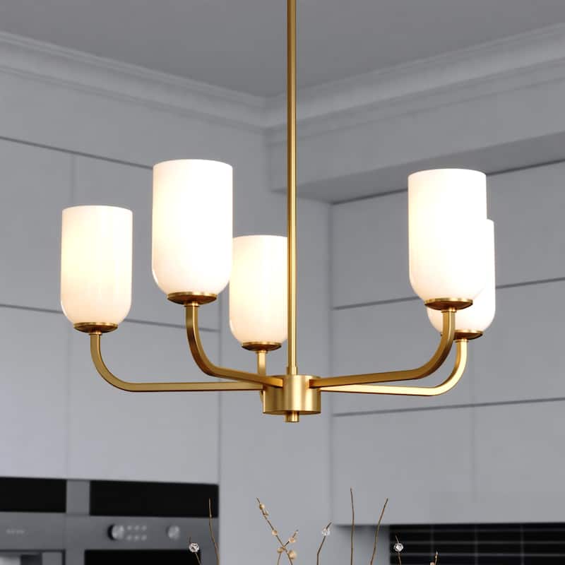 Shelby Gold Brass Transitional Bathroom Vanity Light Fixture White Glass - Natural Brass - 26-in W x 10.5-in H x 26-in D