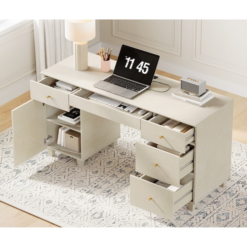 WAMPAT Home Office Furniture Set, 58" Executive Desk with Cabinet, 2-Column 71" Tall Bookcase with Doors and Adjustable Shelves