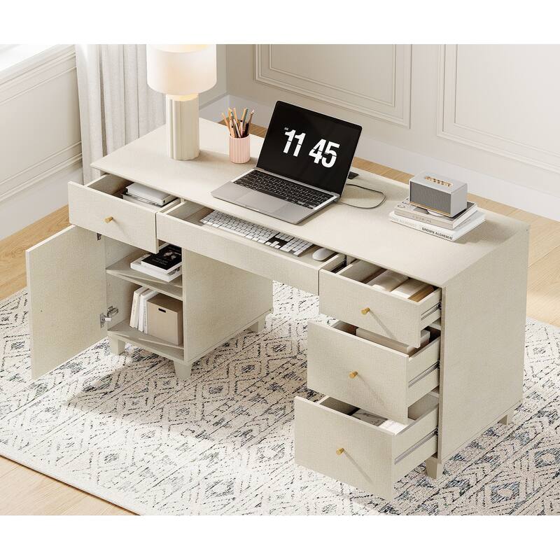 WAMPAT Home Office Furniture Set, 58" Executive Desk with Cabinet, 3-Column 71" Tall Bookcase with Doors and Adjustable Shelves