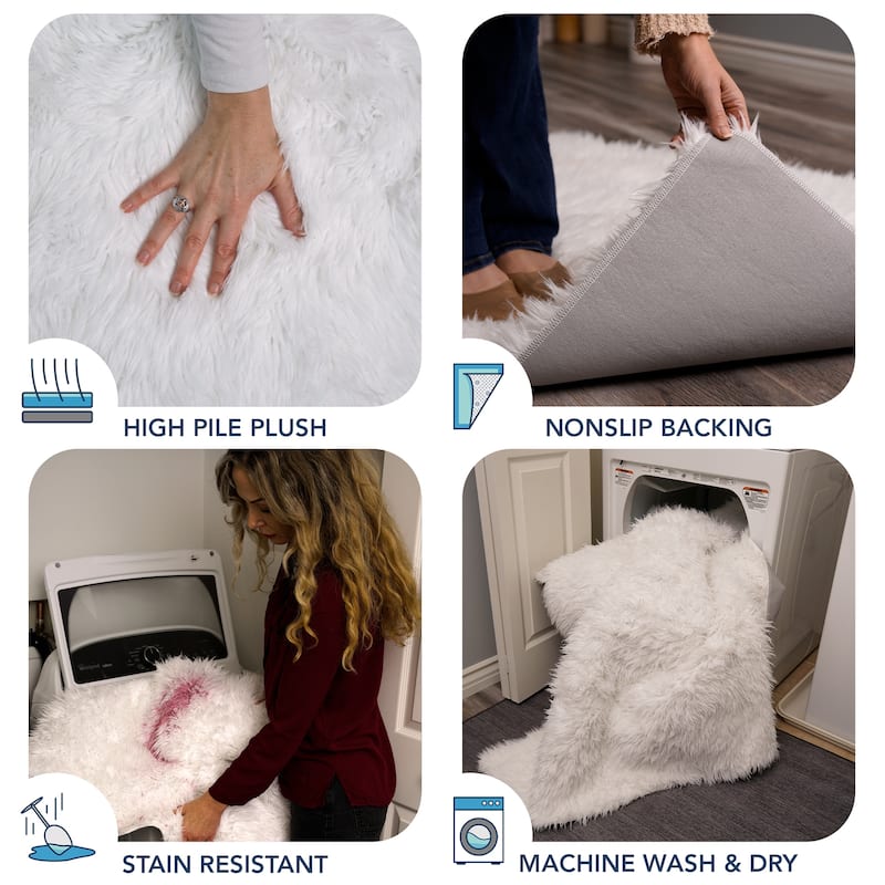 My Magic Carpet Washable Vegan White Plush Shag Area Rug