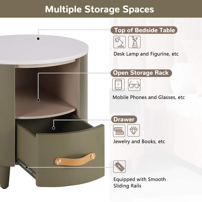 Round Nightstand with Drawer & Open Shelf, Nightstand with Leather Handle & Tapered Legs, Large Capacity Sofa Side Table