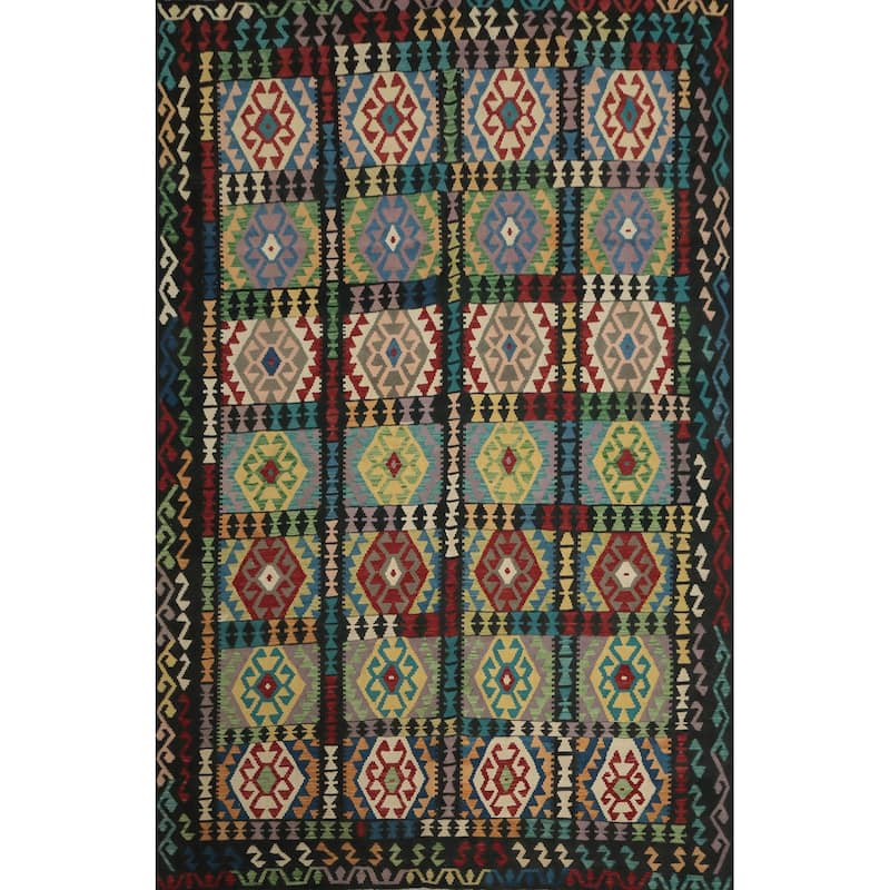 Hand Woven Oriental 100% Wool Carpet Southwestern Tribal Multi-Colored Kilim Area Rug - 9' 10'' X 6' 10''