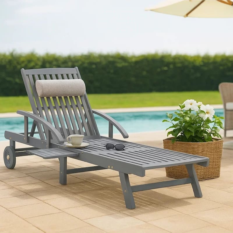 Outdoor Sun Chaise Lounger, Slatted Gray Acacia Wood Frame w Wheels