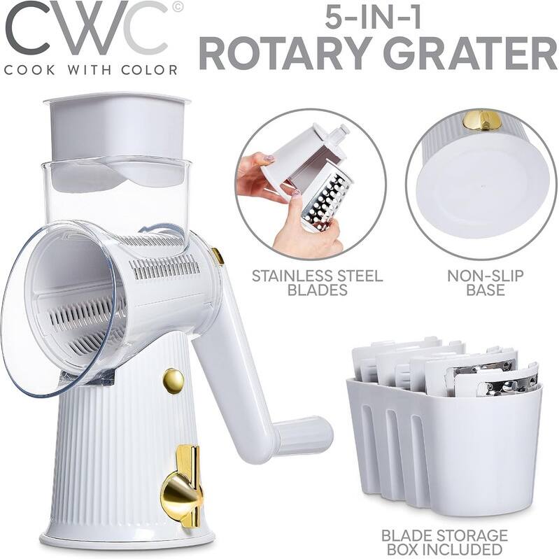 COOK WITH COLOR Rotary Cheese Grater with Handle Counter Suction Base 5 Blade Cheese Shredder Vegetable Chopper and Mandolin