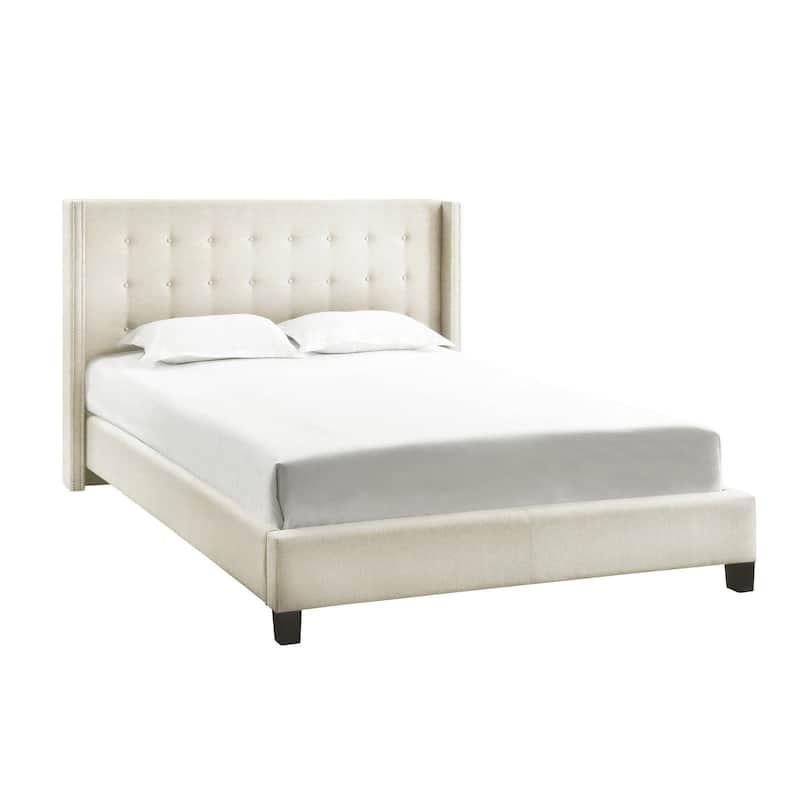 Marion Nailhead Wingback Tufted Upholstered Platform Bed by iNSPIRE Q Bold - Cream White Linen - Queen