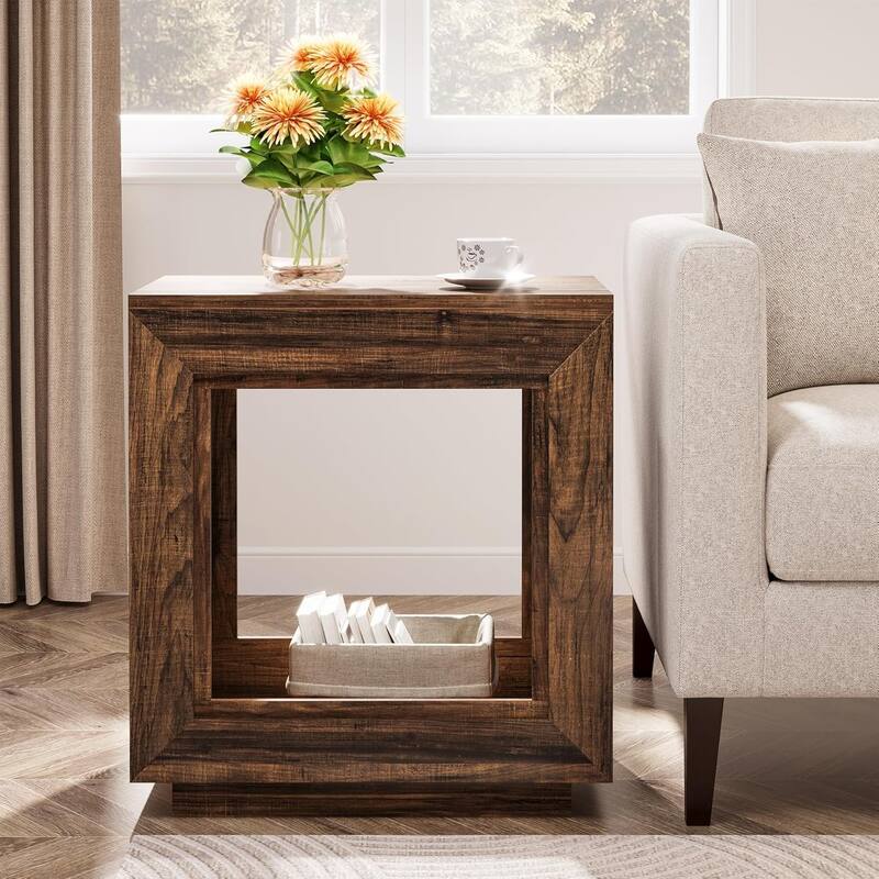 24" Rustic 2-Tier End Table, Side Table with Storage Shelf, Sofa Nightstand for Living Room, Bedroom, Entryway