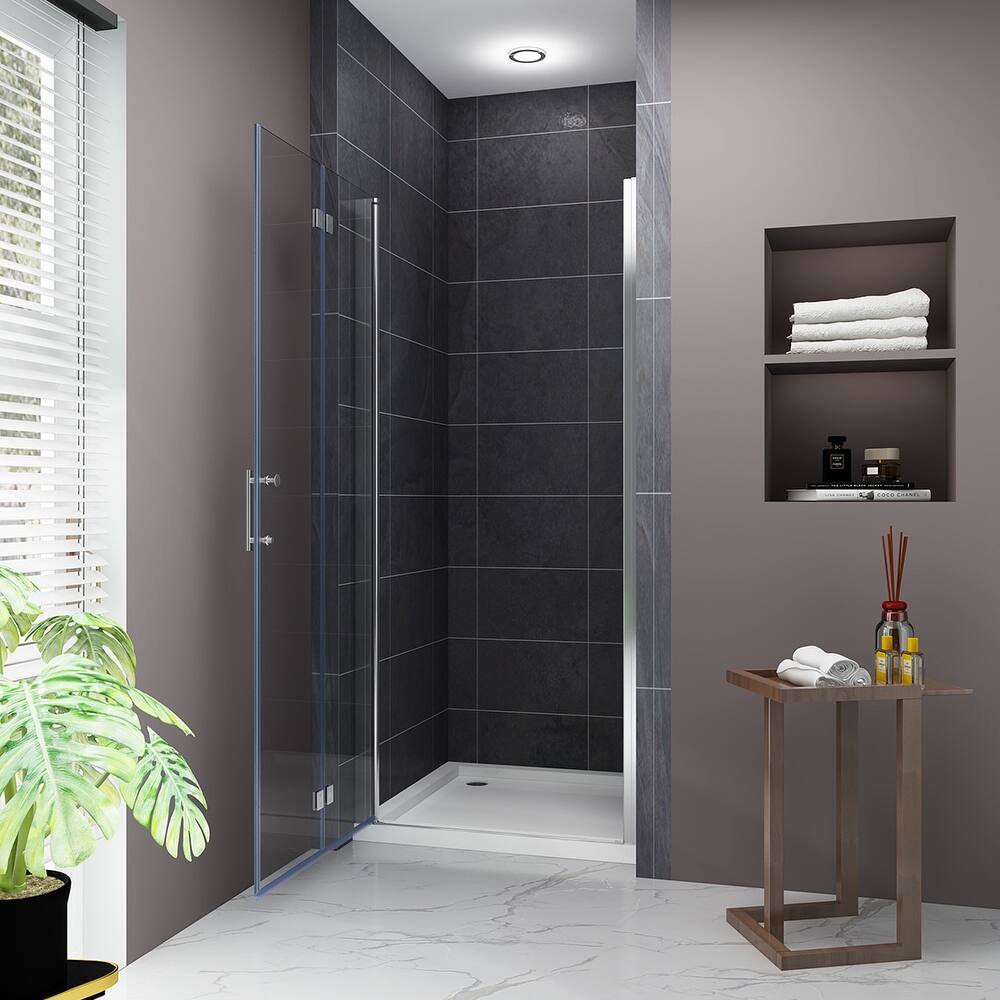Elegant Bi-Fold Frameless Pivot Swing Shower Door Enclosure with Clear Glass Panel and Hardware Kit Reversible Installation