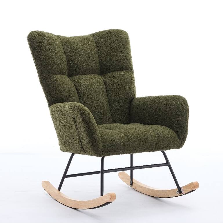 Teddy Fabric Rocking Chair with Solid Wood Legs and High Backrest
