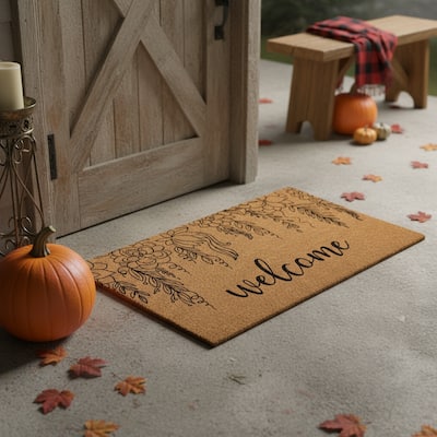 HomeRoots 24" X 36" Brown And Natural Floral Welcome Outdoor Coir Door Mat - 24.00' X '36.00