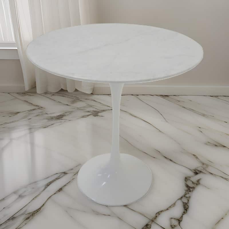 20 in. Marble White Round Metal End Table with Pedestal Base