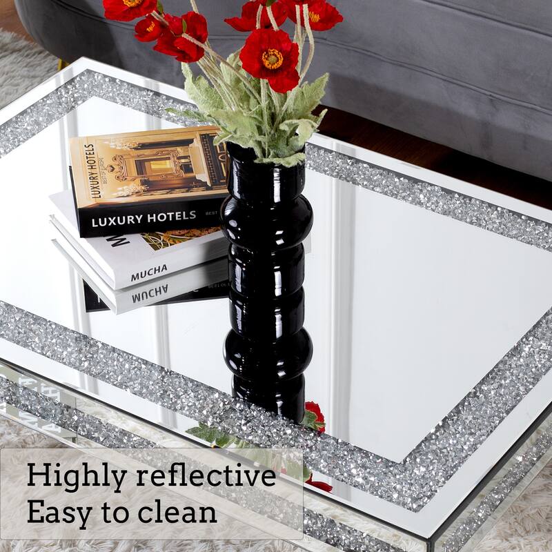 Mirrored Coffee Table with Diamond Inlay Rectangle Silver Accent Table