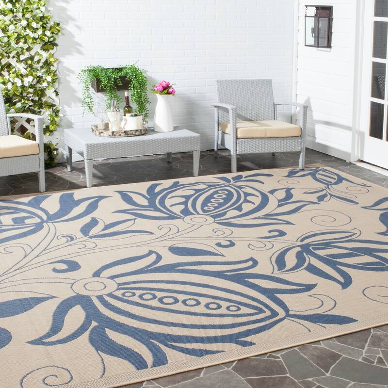 SAFAVIEH Courtyard Leatrice Indoor/ Outdoor Patio Backyard Rug - 8' x 11' - Natural/Blue