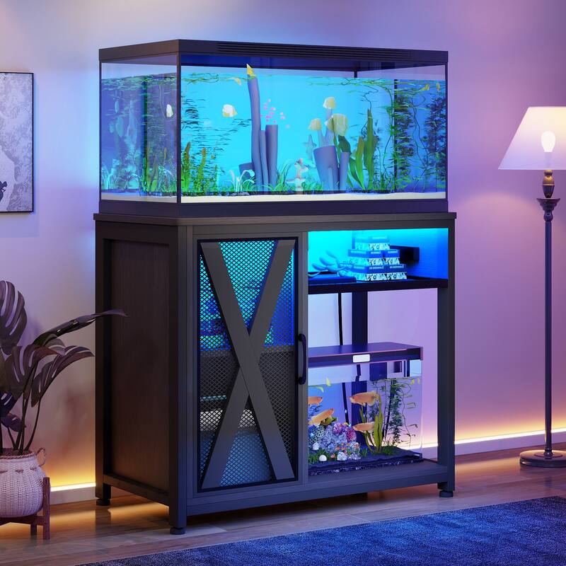 LED Aquarium Stand with Storage Cabinet and Power Outlets - Black - Medium