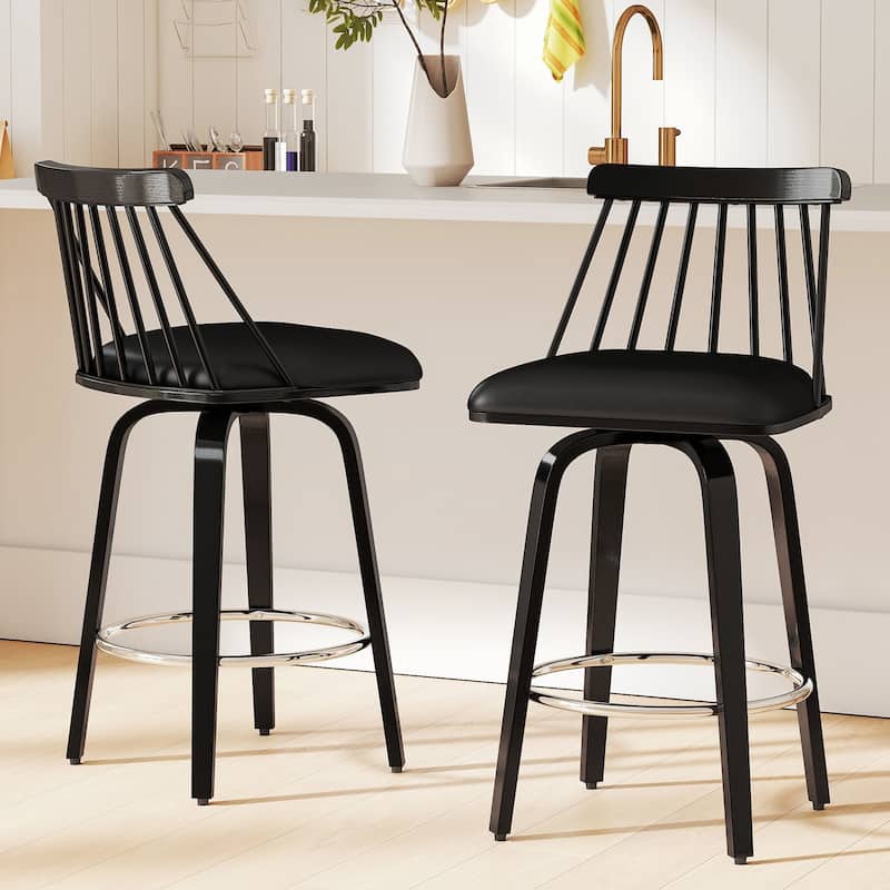Mid-century Spindle Back Swivel Counter Height Bar Stools - 37.2"H x 18.9"W x 18.9"D - Set of 2 - Black