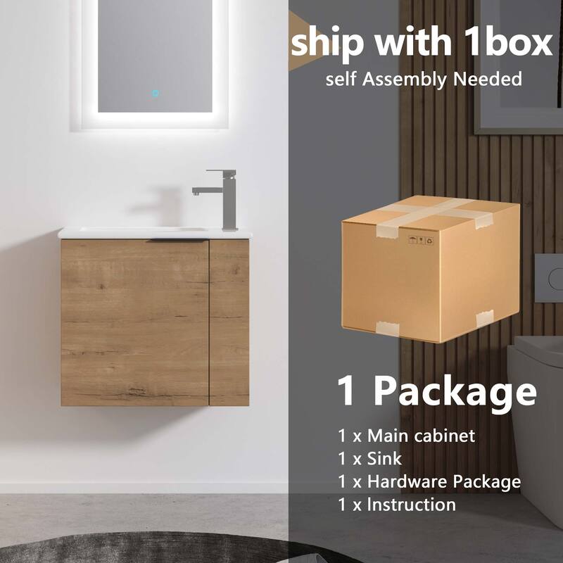 22 inch Plywood Wall-Mounted Bathroom Vanity in Grey Oak with Integrated Ceramic Sink in White with Soft Closing Door