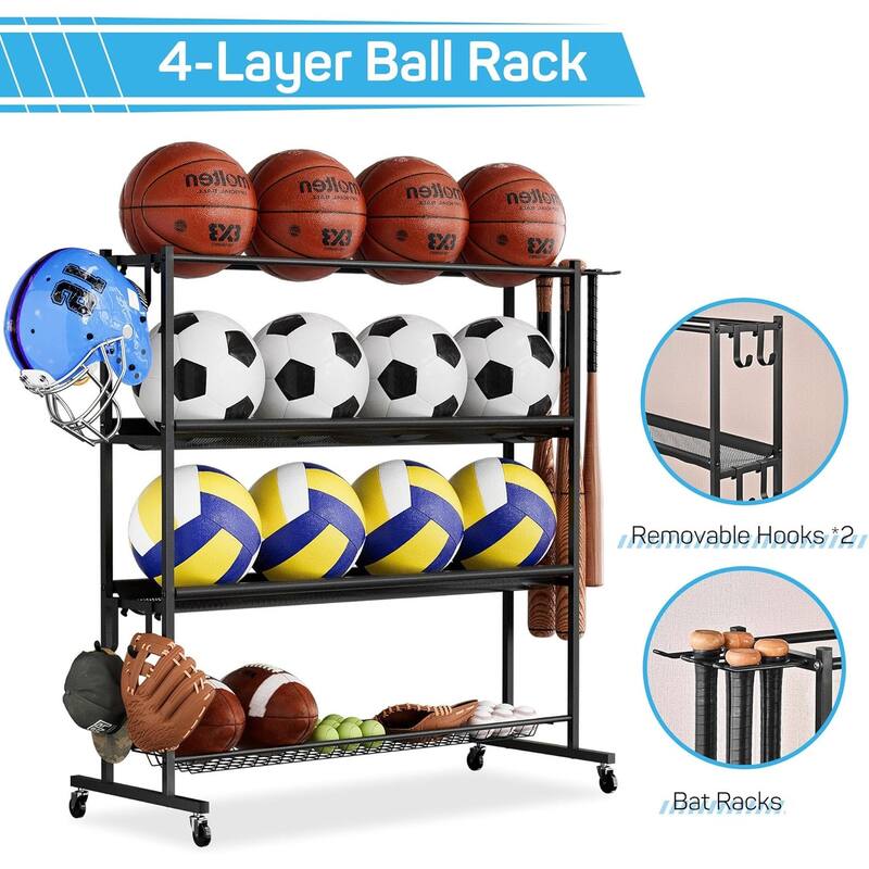 4 Tier Sports Equipment Organizer for Garage with Detachable Nylon Mesh Baskets