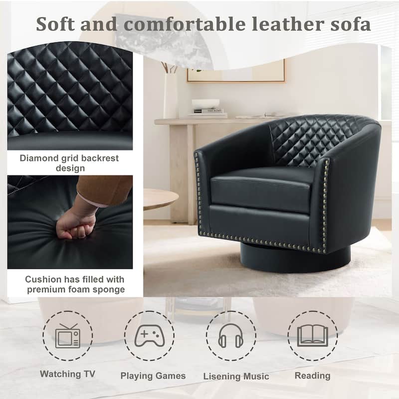 Tufted PU Vegan Leather Swivel Barrel Chair with Nailheads Trim