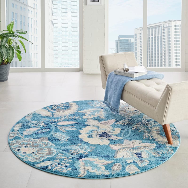 Nourison Tranquil French Country Floral Modern Area Rug - 5'3" Round - Turquoise - Round