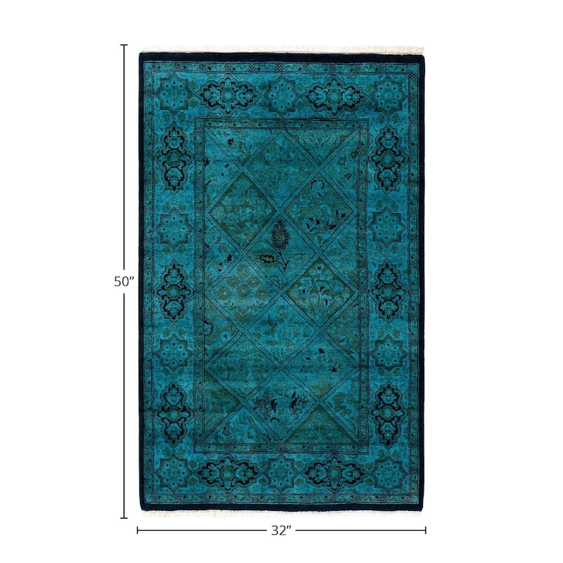 Fine Vibrance, One-of-a-Kind Handmade Runner Rug - Blue, 2' 8" x 4' 2" - 2' 8" x 4' 2"