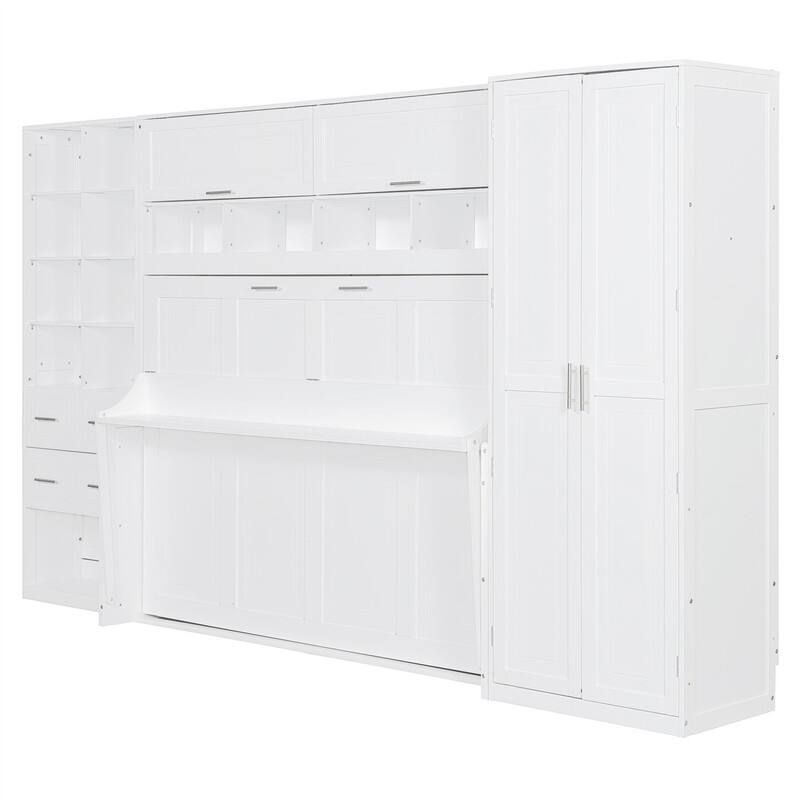 Full/Queen Size Murphy Bed Wall Bed with Closet, 2 Drawers and Storage Shelves, Folding Murphy Cabinet Bed with Top Cabinet