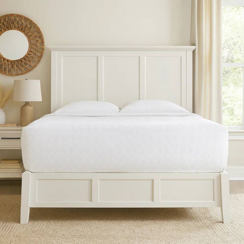 Neo Solid Mahogany Wood Low Profile Queen Bed, Beveled Trim Top, White
