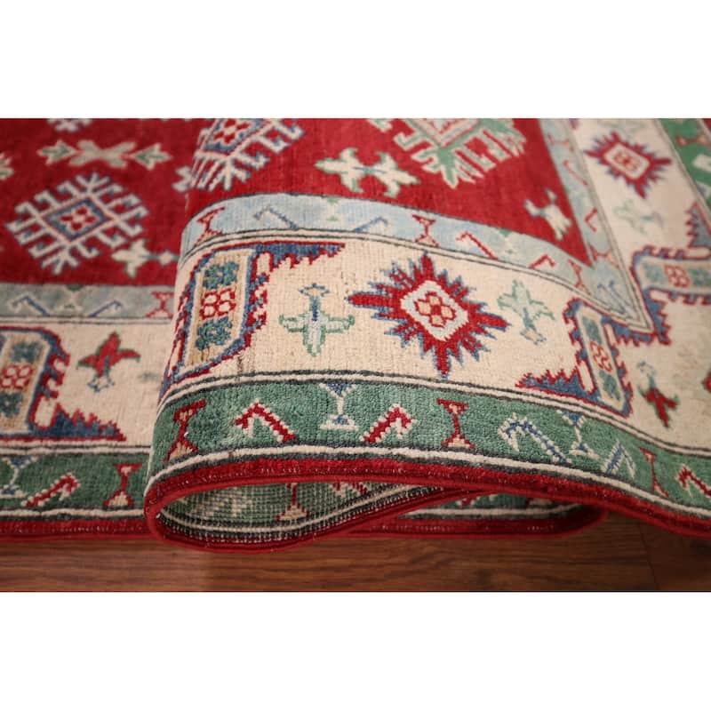 Geometric Red Kazak Oriental Area Rug Hand-Knotted Wool Carpet - 5'1" x 6'8"
