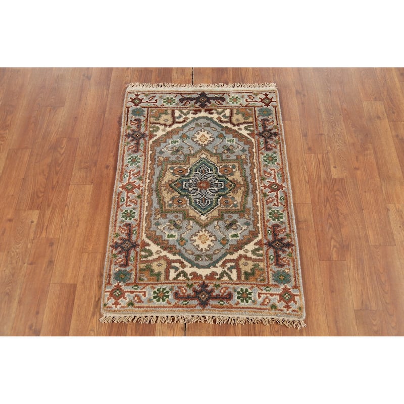 Gray Geometric Heriz Serapi Indian Accent Rug Handmade Wool Carpet - 2'0"x 3'0"
