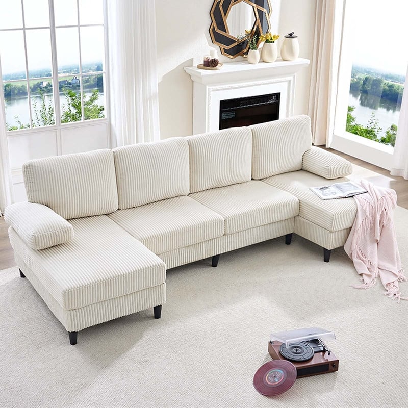 Mixoy W110"U-Shaped Sectional Sofa Couches with Double Chaises and Sleepable Armrests,Corduroy Upholstered 4-Seater Sofa