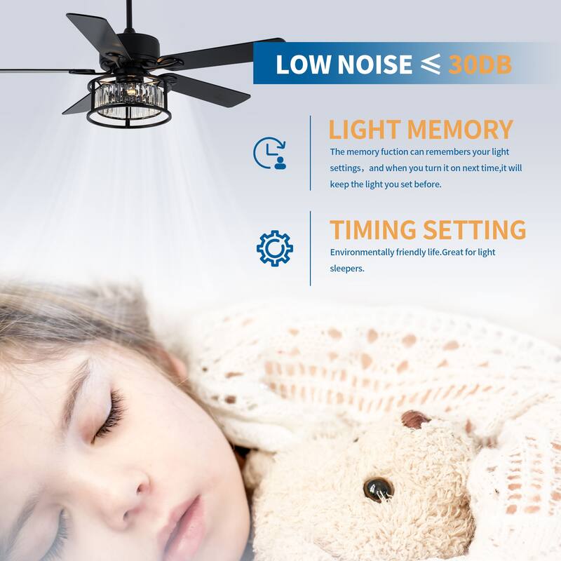 Chichoice 52" Modern Mute Black Crystal Ceiling Fan with Lights and Remote, 6 Speeds DC Motor Reversible Chandelier Ceiling Fan