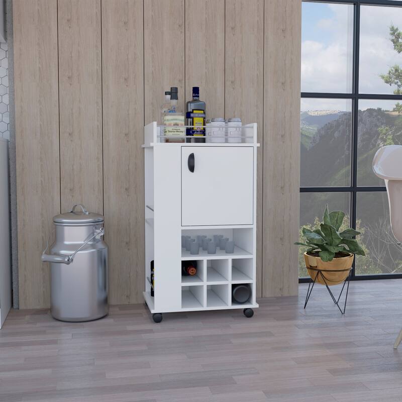 Anmytek Farmhouse Bar Cart with Storage Cabinet Wine Rack and Rolling Casters - White
