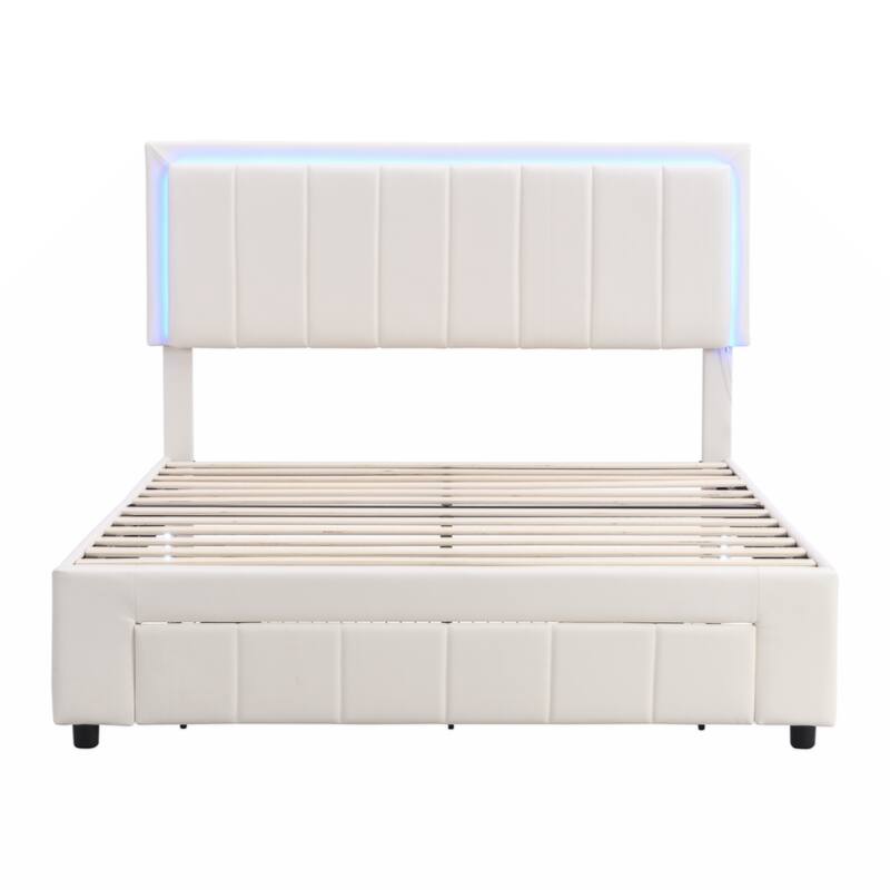 Upholstered Platform Bed with LED Lights and Two Motion Activated Night Lights,Queen Size Storage Bed with Drawer